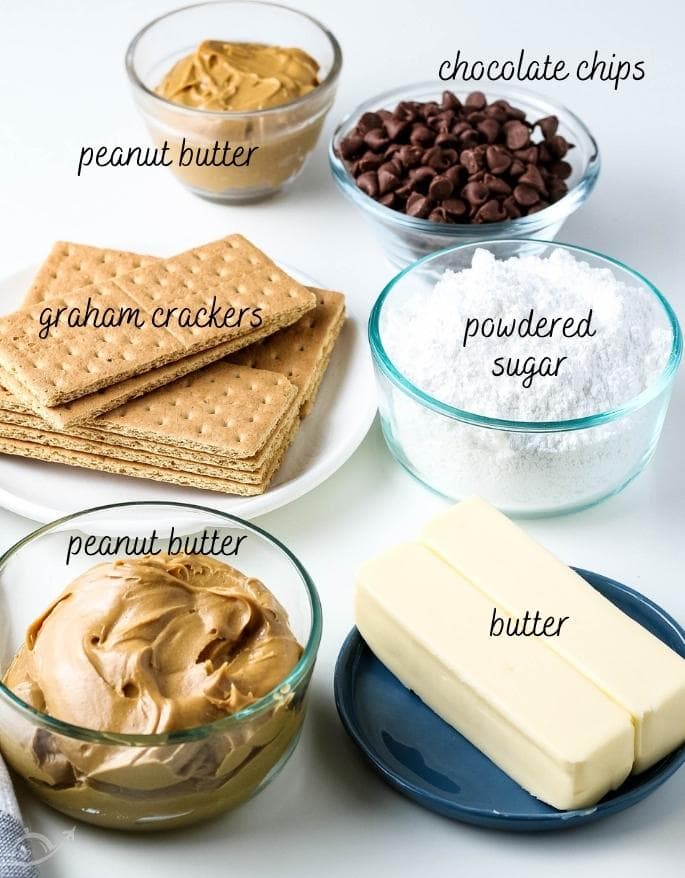 Labeled ingredients for chocolate peanut butter squares on a white counter.