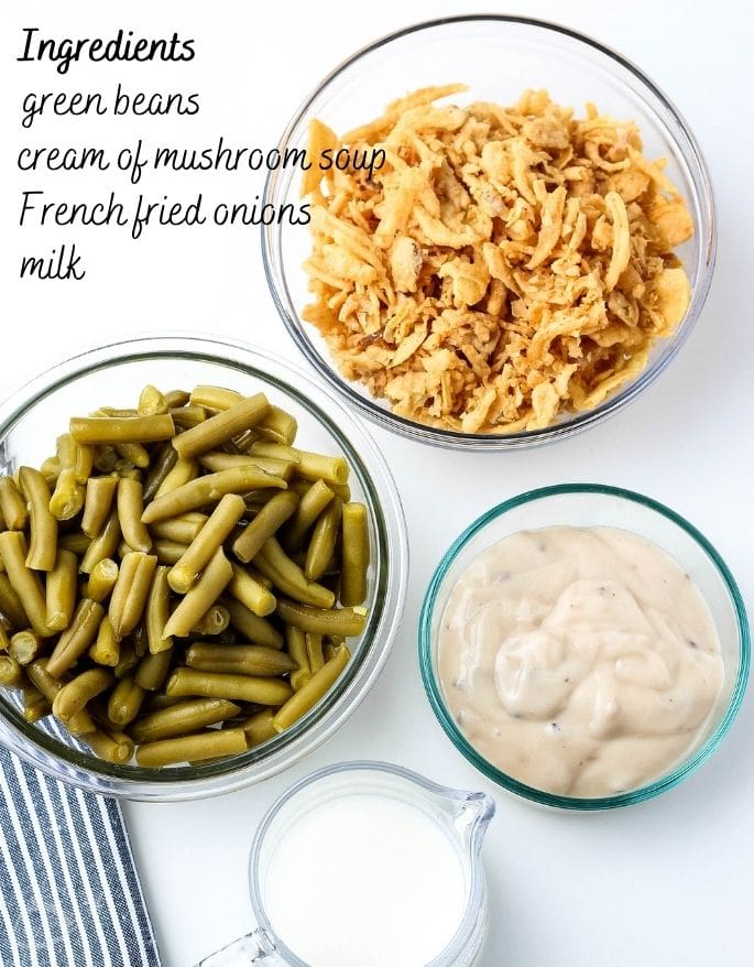 Ingredients to make green bean casserole with labels.