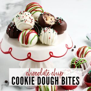 chocolate covered cookie dough bites decorated for the holidays with text overlay