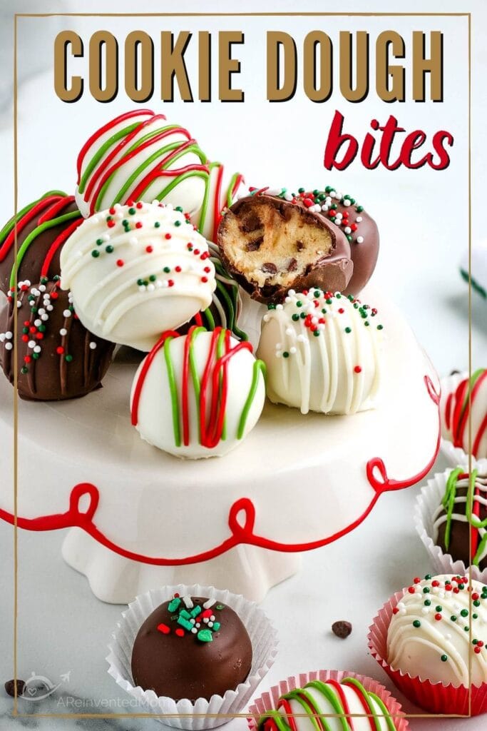 decorated cookie dough bites piled on a decorative stand with graphic overlay