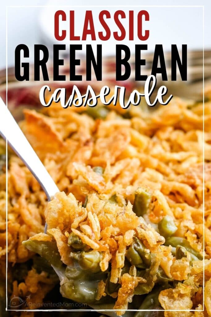 green bean casserole on a spoon with text overlay