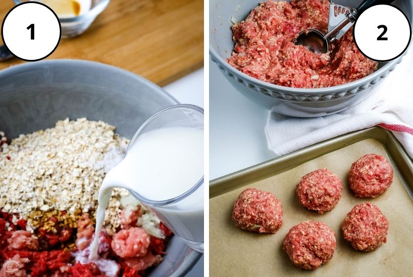 image on the left shows ingredients being mixed, the image on the right shows meatballs being rolled out on a pan