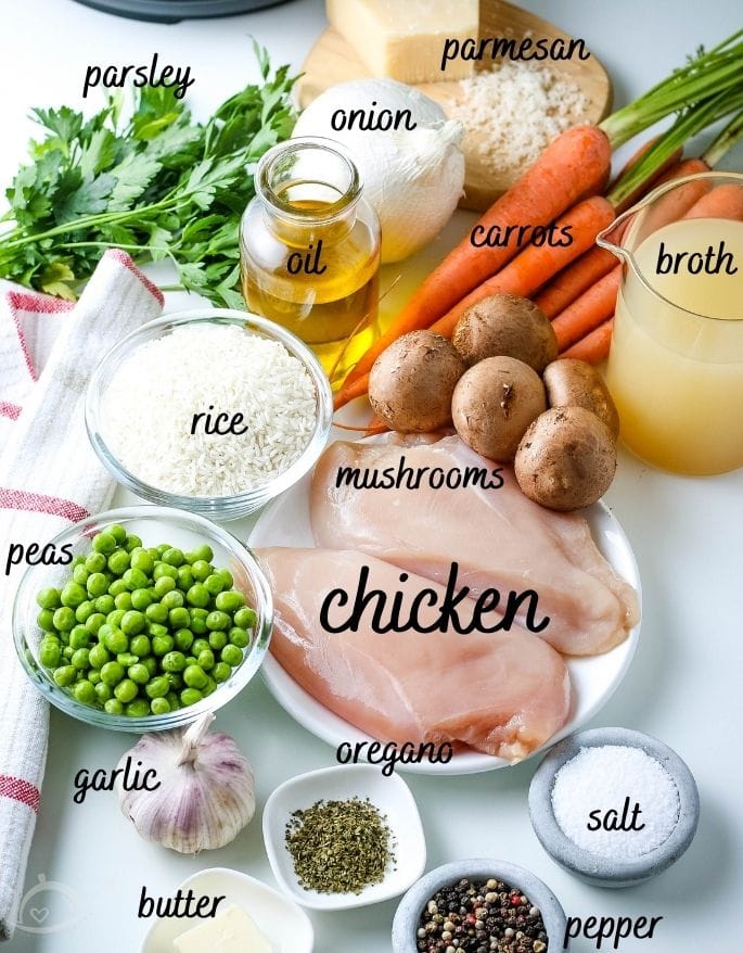 ingredients for chicken thighs and rice made in the instant pot sitting on the counter with labels