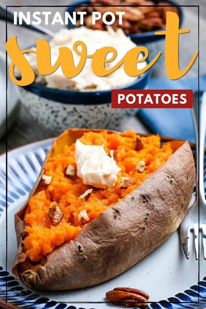 close up of a baked sweet potato made in the instant pot topped with butter with text overlay