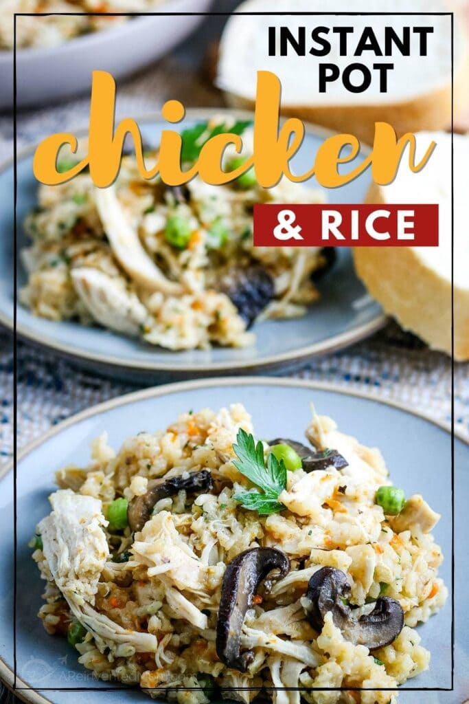 two plates of instant pot chicken thighs and rice with text overlay