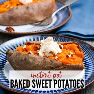 sweet potato sliced open after cooking in the instant pot topped with butter and pecans with text overlay