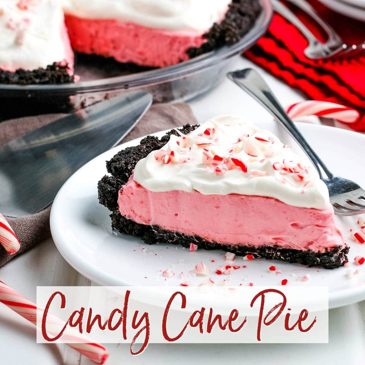 Slice of Candy Cane Pie with crushed candy canes on a whit plate with graphic overlay