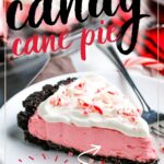 Candy cane pie after being refrigerated topped with candy cane pieces with text overlay