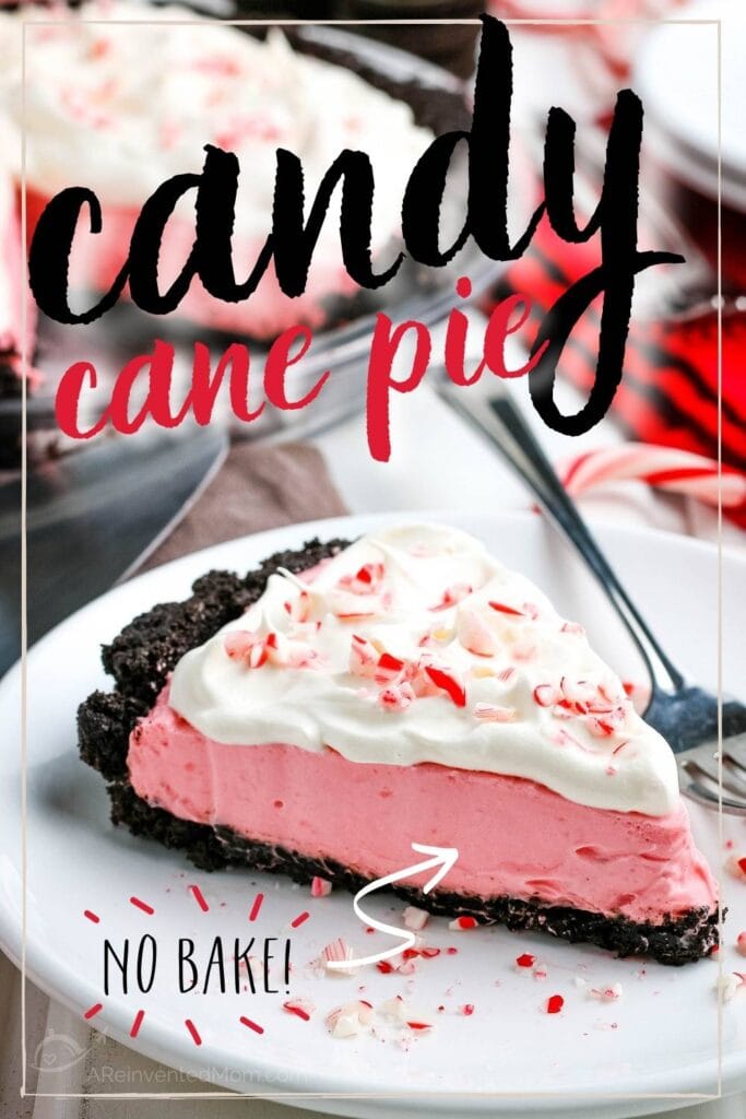 Slice of candy cane pie after being refrigerated topped with candy cane pieces with text overlay