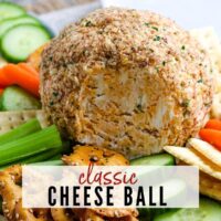 close up of a cheese ball rolled in pecans next to veggies and crackers