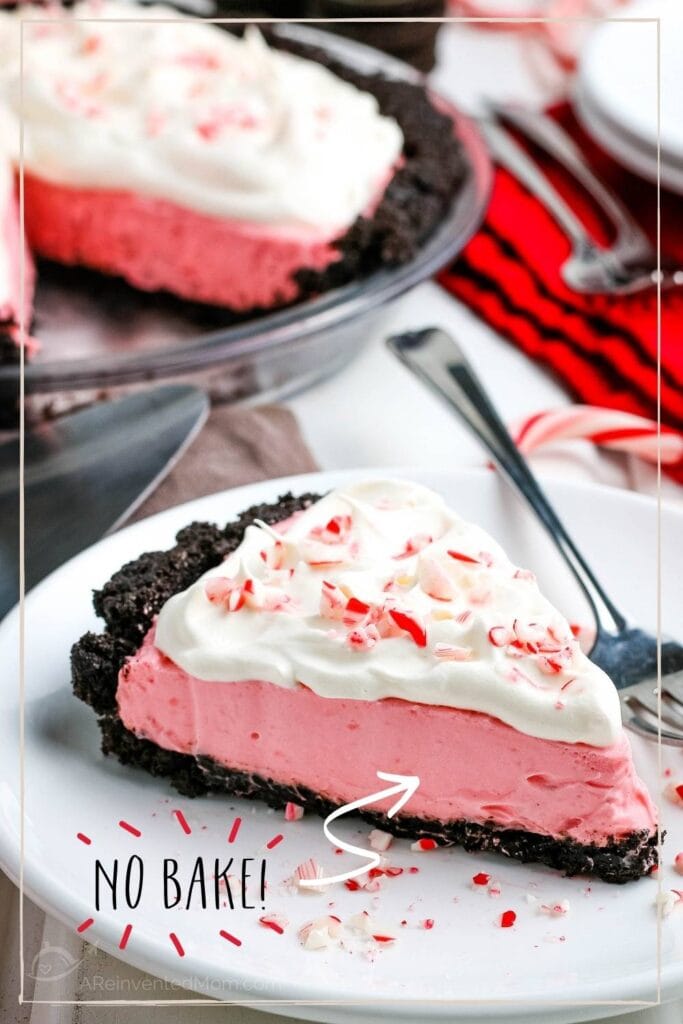 candy cane pie on a white plate with a fork with text overlay