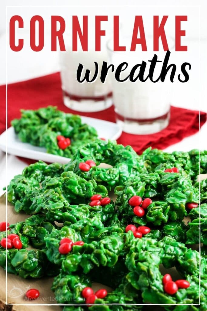 stack of cornflake christmas wreaths with glasses of milk in the background with text overlay