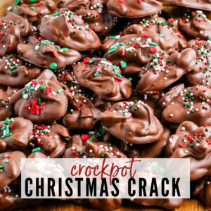 crockpot Christmas crack made with chocolate peanuts and holiday sprinkles with text overlay