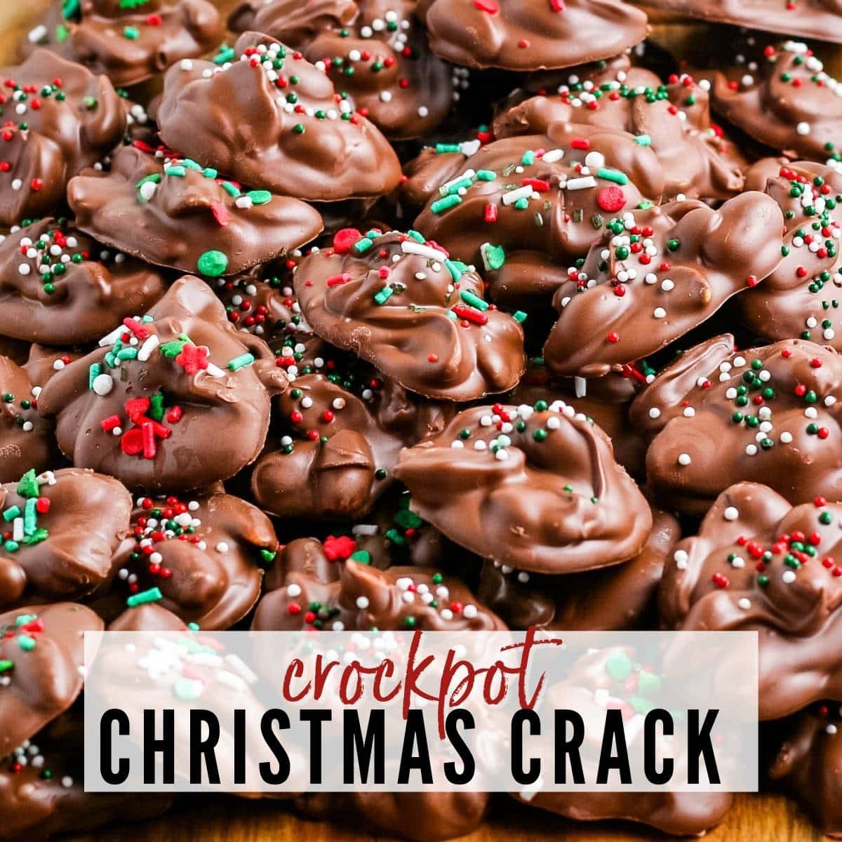crockpot Christmas crack made with chocolate, peanuts and holiday sprinkles with text overlay