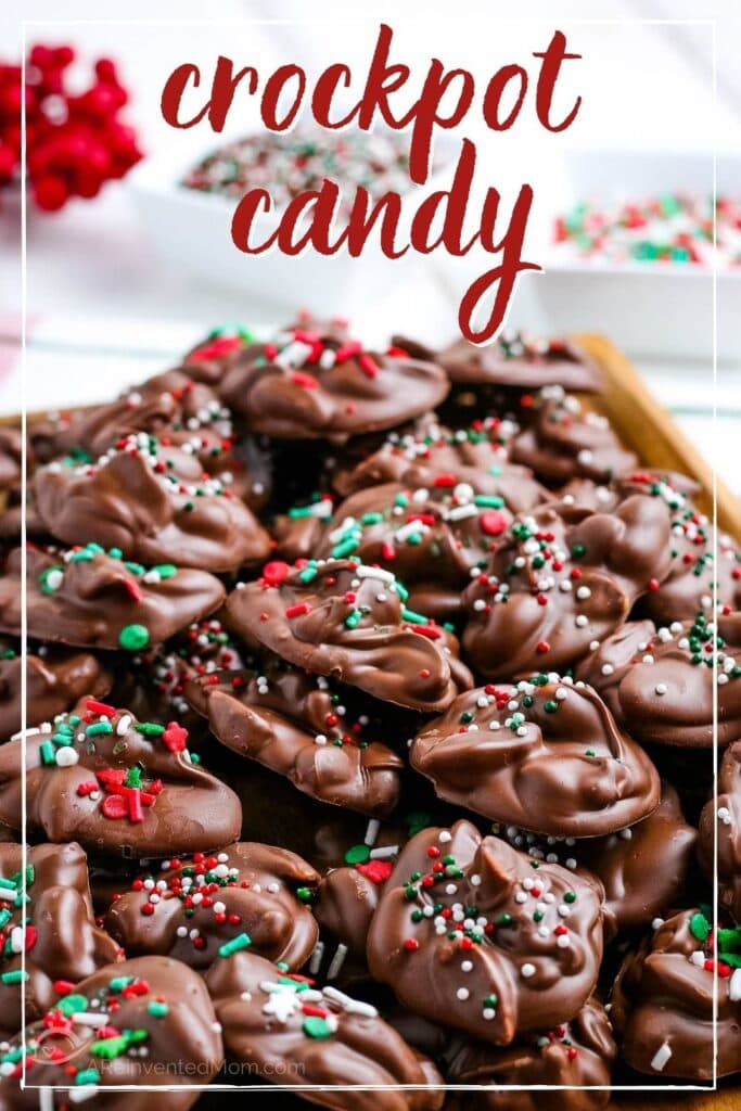 close up of crockpot candy decorated with Christmas sprinkles with graphic overlay