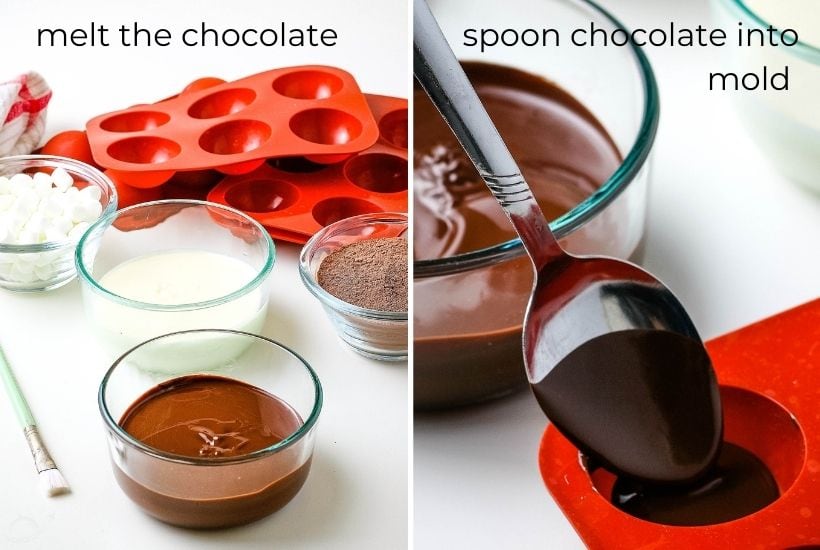 2 image collage showing the chocolate being melted and spooning it into the mold