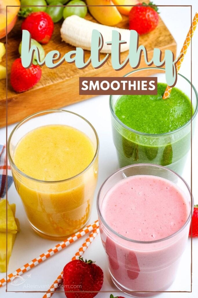 Three glasses of smoothies with fruit in the background and graphic overlay.