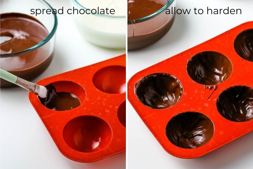 2 image collage showing how to spread out the chocolate in the mold and letting them harden