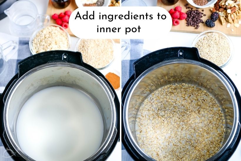 adding ingredients for oatmeal into the instant pot