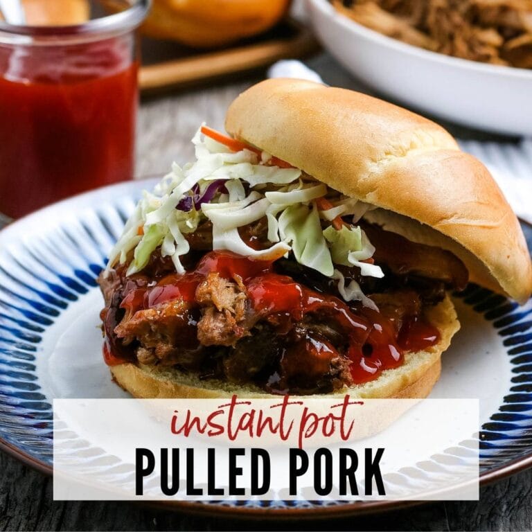 close up of bbq after cooking in the instant pot with slaw and text overlay