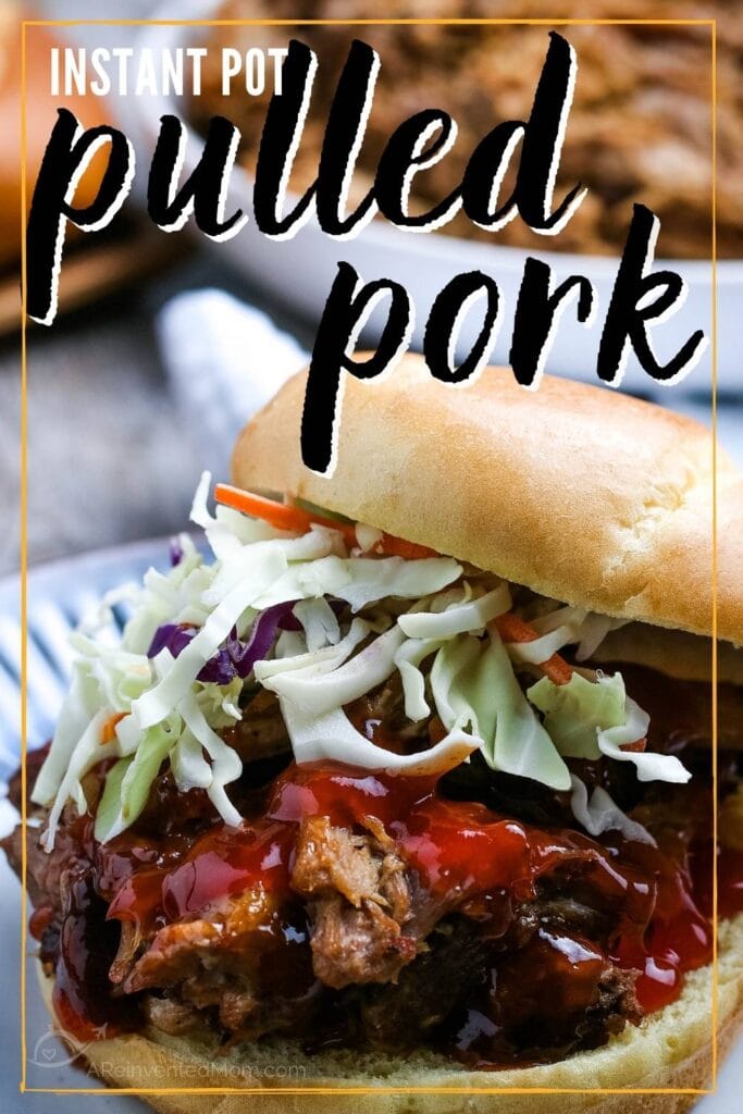 instant pot pulled pork sandwich topped with slaw and bbq sauce with text overlay