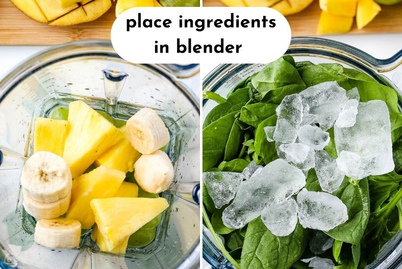 smoothie ingredients in the blender with ice on top