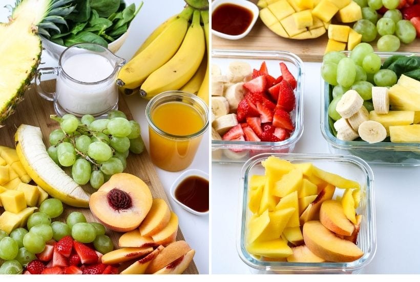 all of the ingredients for healthy homemade smoothies in glass bowls and on a cutting board