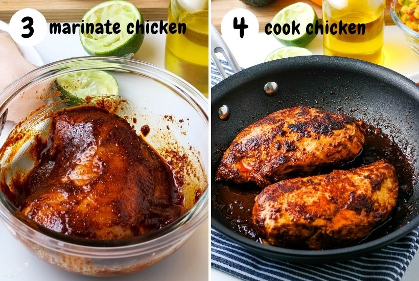marinated chicken in bowl; image on the right is of chicken cooking in a skillet