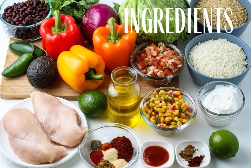 ingredients pictured for a copycat Chipotle Chicken bowl