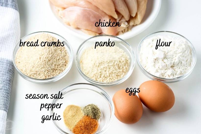 labeled ingredients for chicken strips on white background
