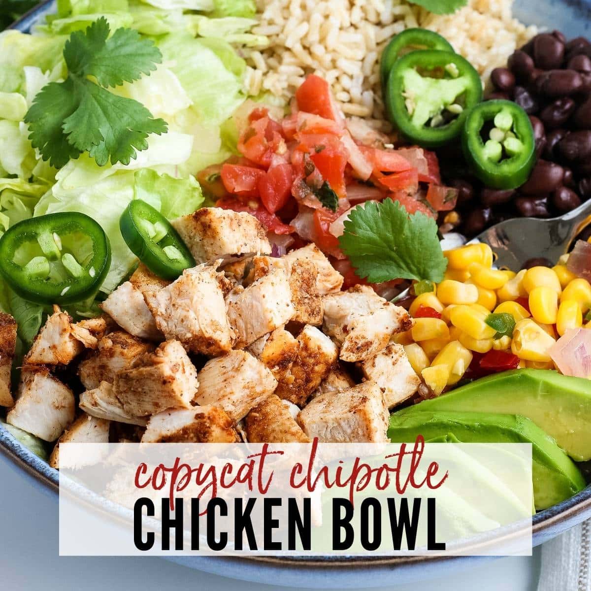 plated chicken chipotle chicken bowl- text overlay copycat chipotle chicken bowl