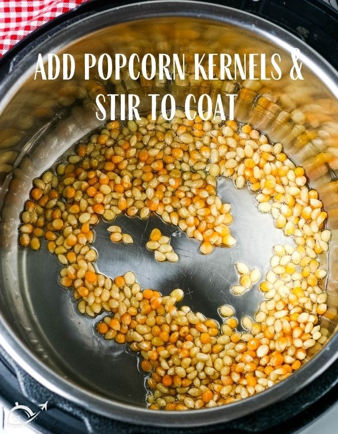 Popcorn kernels in instant pot with text overlay add popcorn kernels and stir to coat