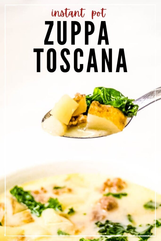 a spoon holding Zuppa Toscana with text overlay 