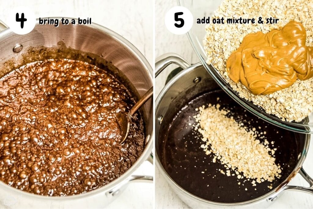 cookie mixture boiling on the left. adding the oats and peanut butter on the right.