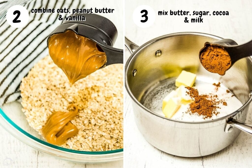 image on the left is oats and peanut butter in a bowl. the image on the right is the butter and sugar mixture in a pot.