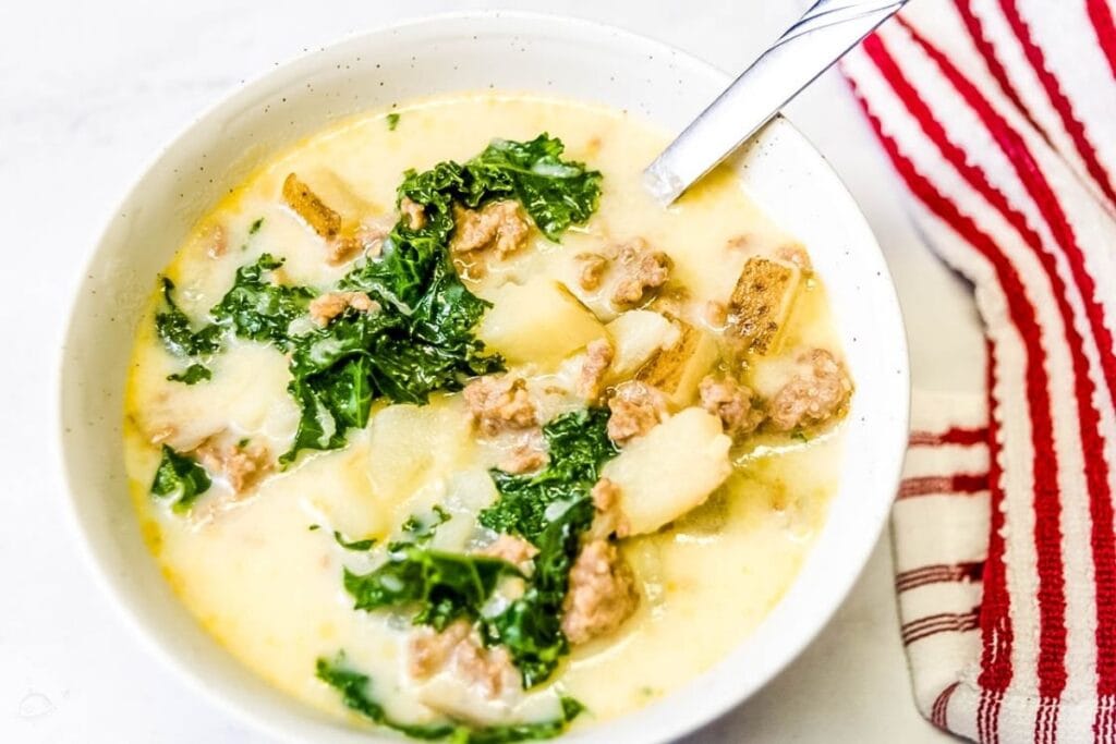 top view of copycat Olive Garden Zuppa Toscana soup made in the Instant Pot