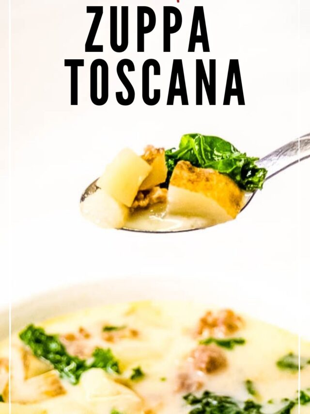 a spoon holding Zuppa Toscana with text overlay