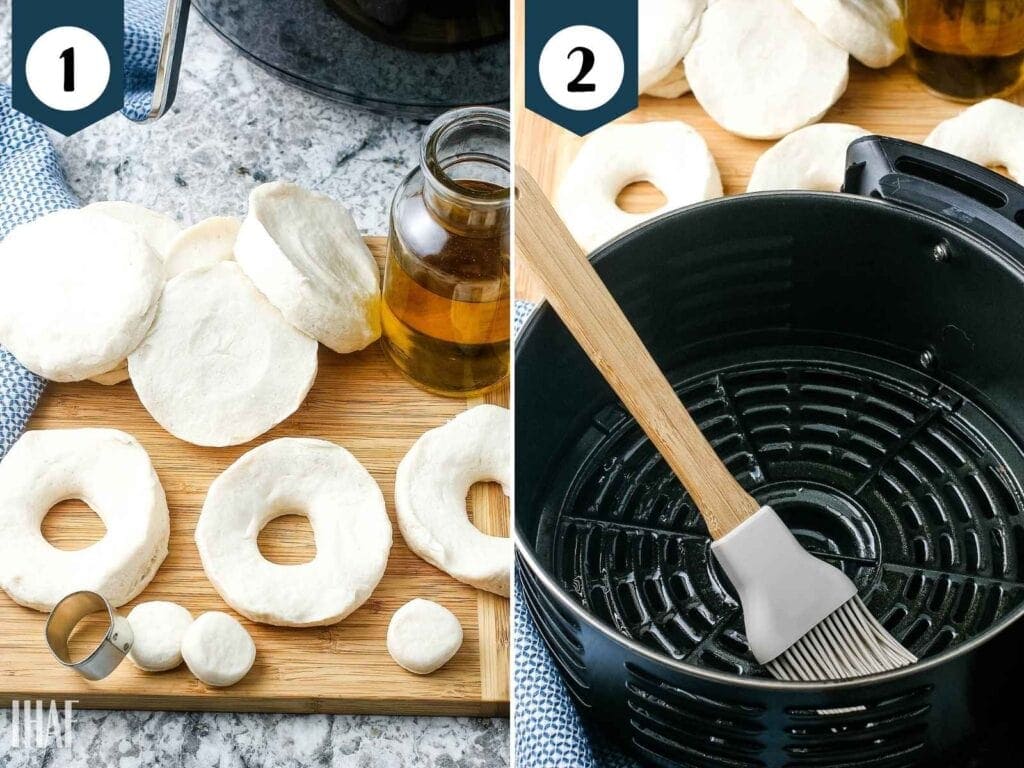 Step 1 and 2 - biscuit dough on a cutting board and brushing air fryer basket