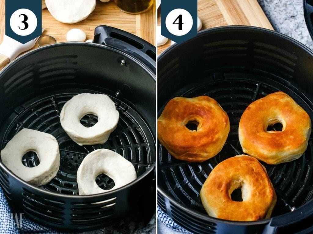 biscuit dough in basket and cooked donuts in air fryer basket