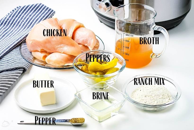 ingredients labeled for instant pot mississippi chicken on white countertop