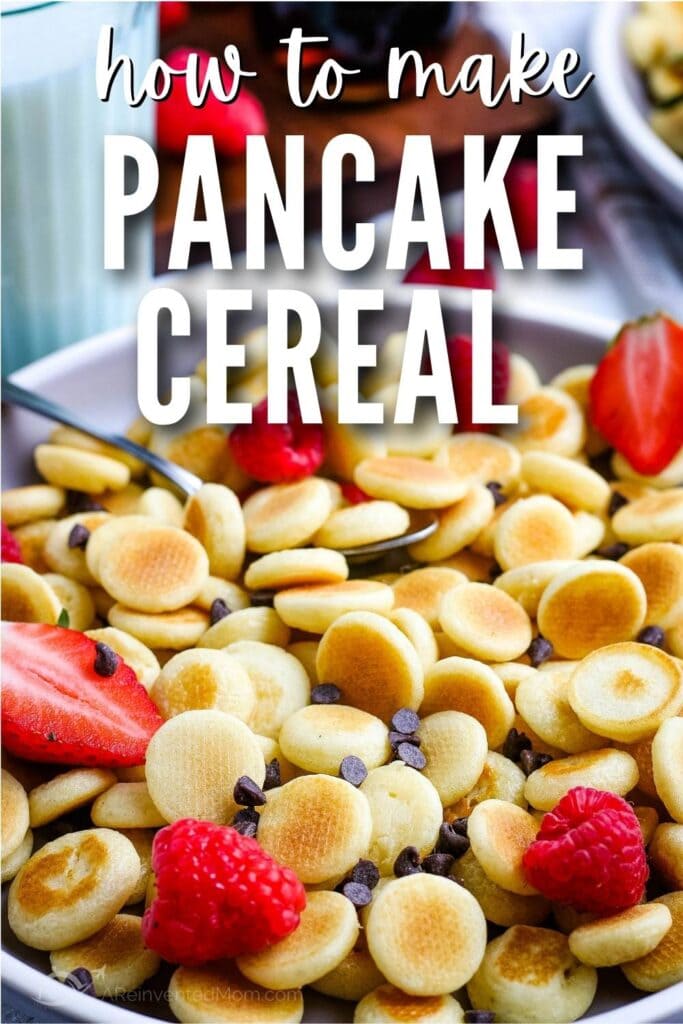 closeup of mini pancake cereal in a bowl with berries and chocolate chips