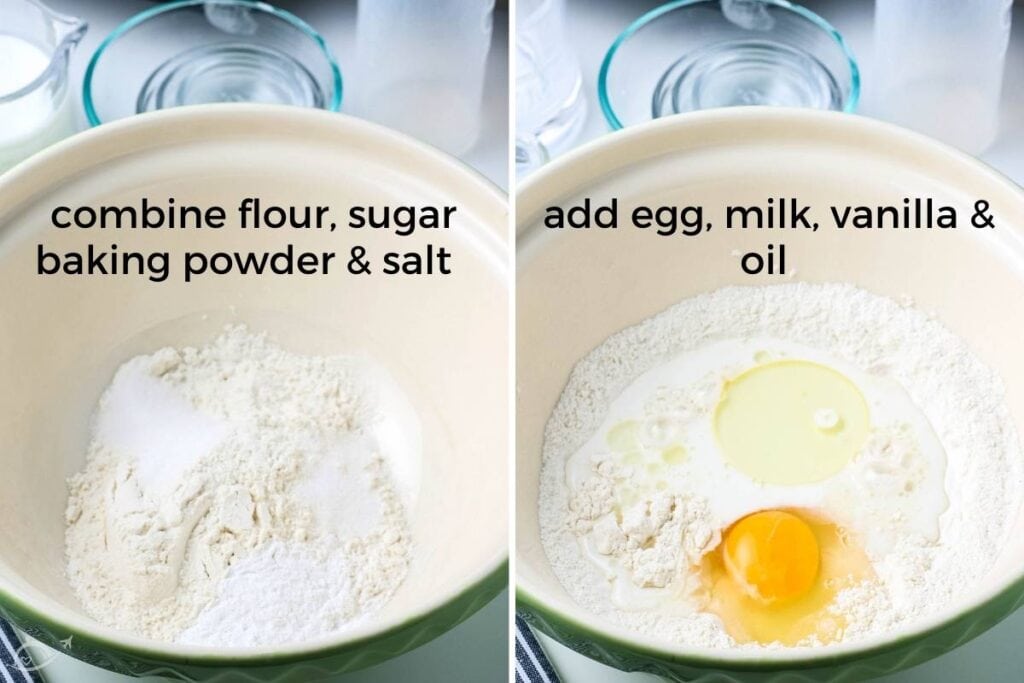 mixing bowls filled with pancake ingredients