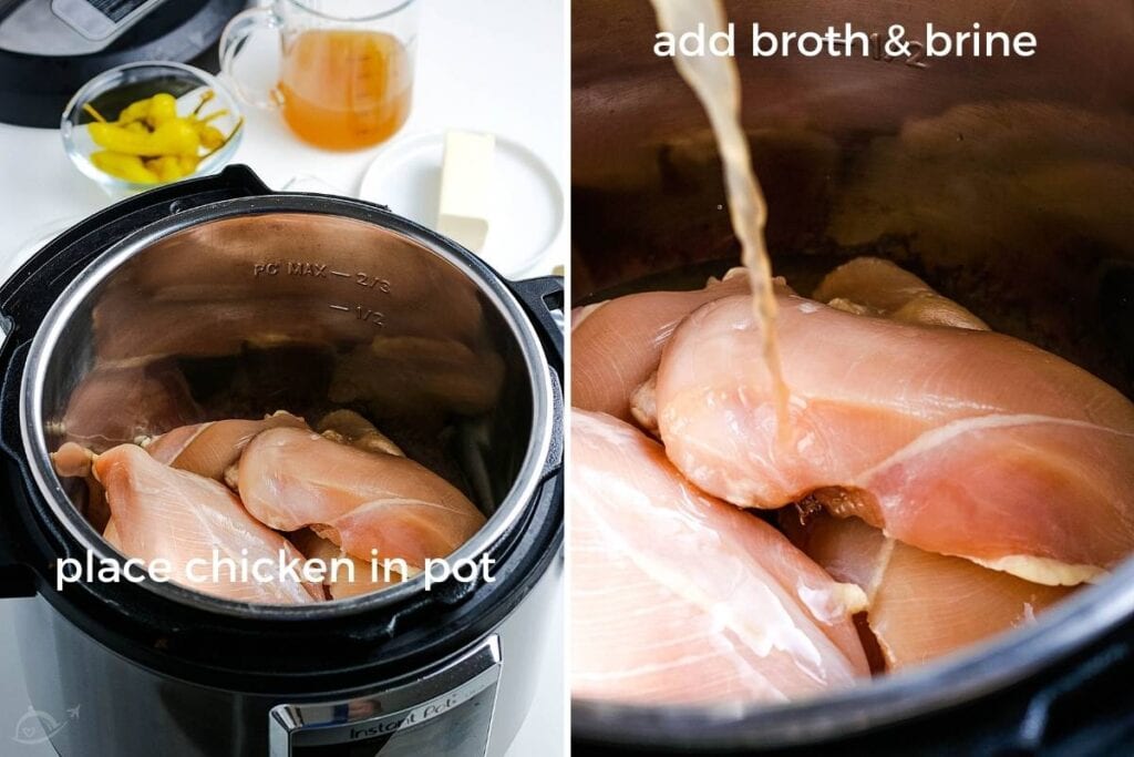 image on the left is raw chicken in the instant pot, image on the right is when the broth and brine is being added