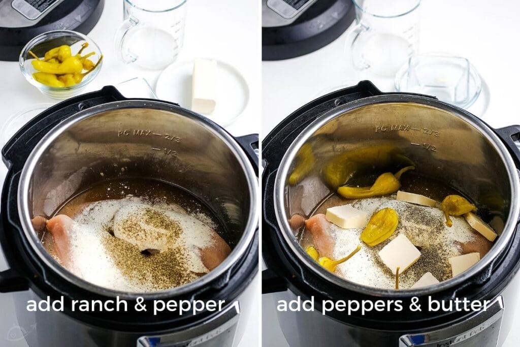 image on the left - ranch and pepper is being added to the chicken; image on right - peppers and butter on top of chicken breasts in the instant pot