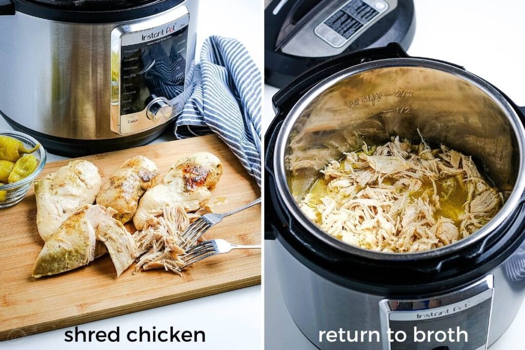 image on left - chicken being shredded on cutting board next to instant pot; image on right - adding the chicken back to broth in IP