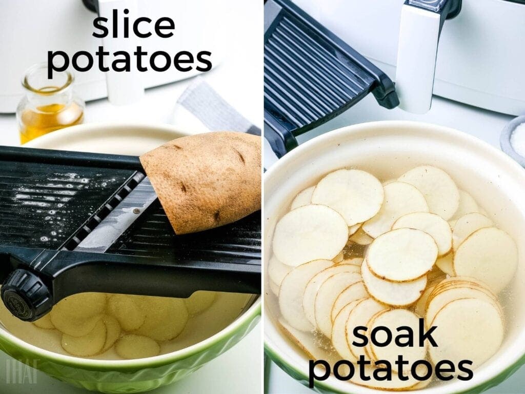image 1 - slicing potatoes on a mandolin image 2 - soaking the potatoes in a bowl of water
