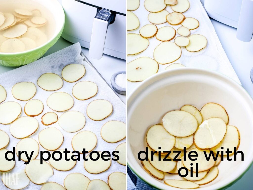 image 1 -potato rounds drying on a paper towel; image 2 - potatoes in a bowl drizzled with oil