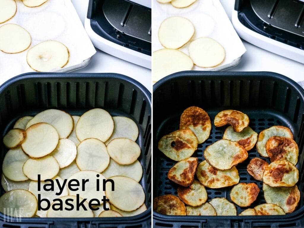 image 1 - raw potatoes layered in air fryer basket; image 2- air fryer chips after cooking