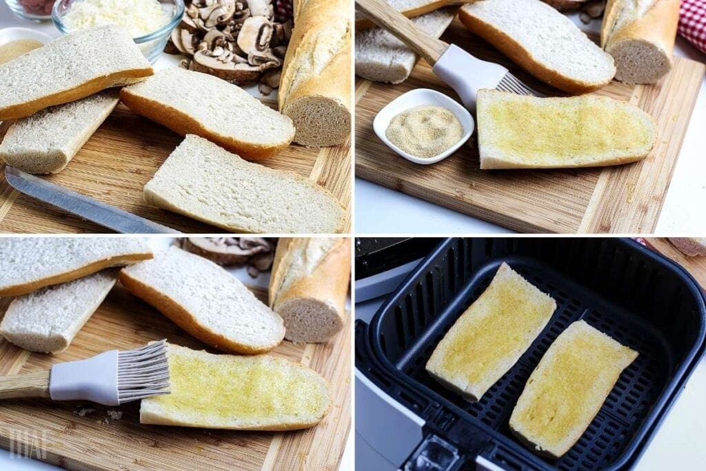 Four image collage showing how to prep the French bread for air fryer pizza bread, showing it sliced and brushed with oil going into the air fryer basket.