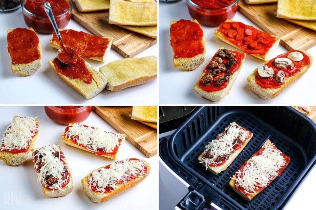 Four image collage showing the pizza bread being assembled with toppings and cheese and being cooked in the air fryer basket.